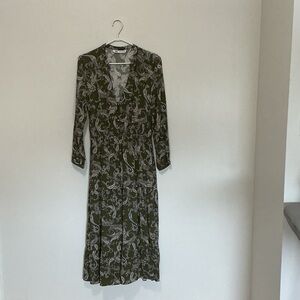 Zara Olive Paisley Long-Sleeve Midi Dress